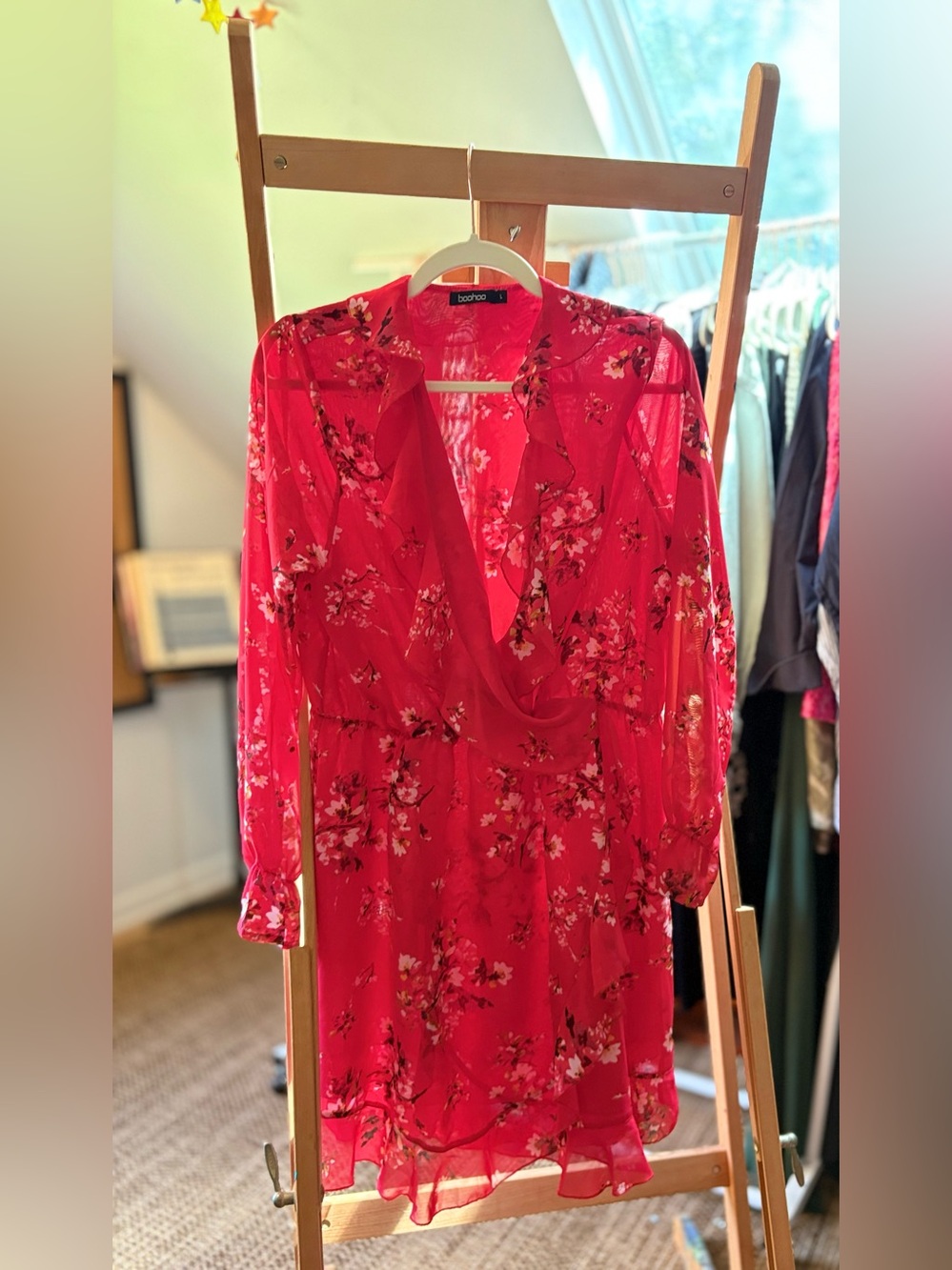 Boohoo red floral wrap dress with long sleeves and frill details | size L